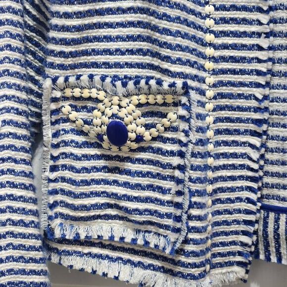 Marchesa Voyage open front cardigan jacket blue white stripe beaded pocket sz 4 - Picture 4 of 7